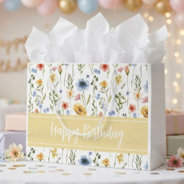 Sacola Para Presentes Grande Nome de Flor Silvestre em Aquarela Azul Amarelo Ro