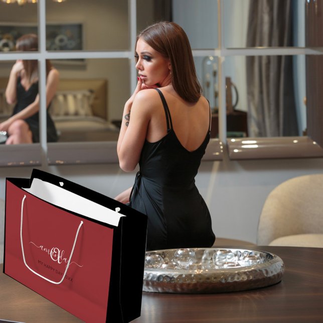 Sacola Para Presentes Grande Nome de Monograma Feijão Vermelho Noiva Sweet16 Ca (Monogram Name Red Bean Bridal Sweet16th Wedding Large Gift Bag)