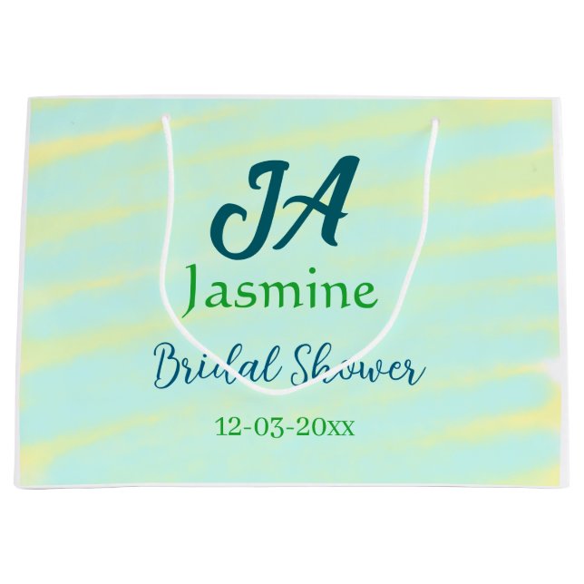 Sacola Para Presentes Grande Nome do chá de noiva em aquarela pastel azul verde (Frente)