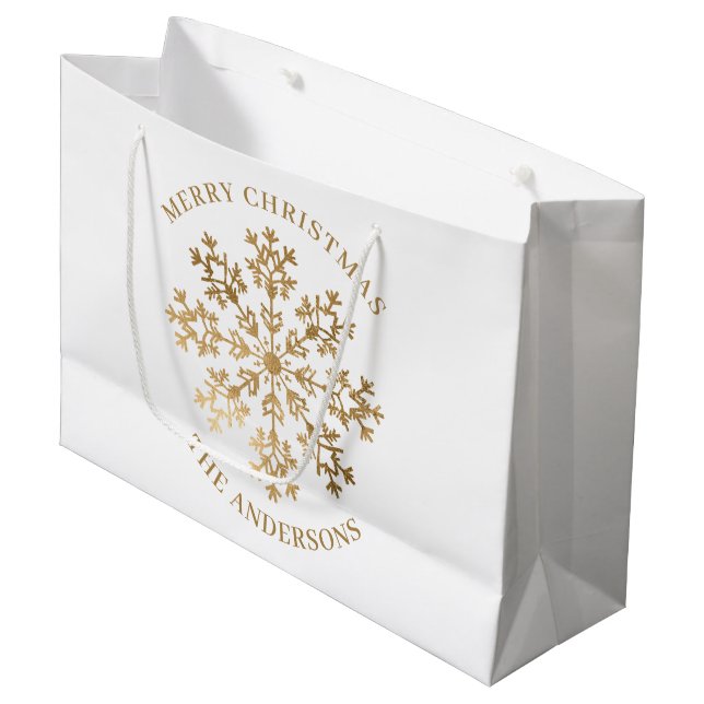 Sacola Para Presentes Grande Nome do Floco de Neve Dourado de Natal Elegante (Frente inclinada)