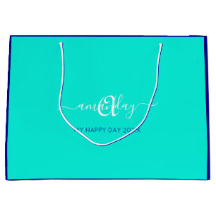 Sacola Para Presentes Grande Nome do Monograma Blue Aqua Bridal Sweet 16ª Casam