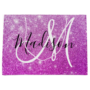 Sacola Para Presentes Grande Nome do Monograma do Glitter Purple Girls & Glam