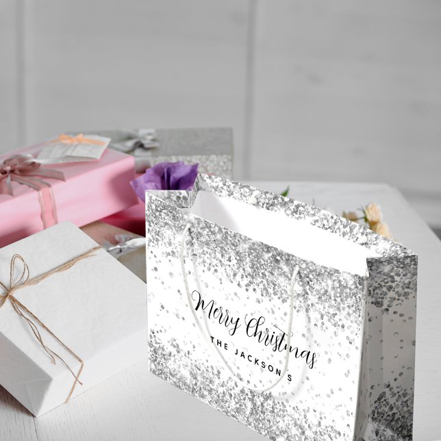 Sacola Para Presentes Grande Nome dos cintiladores de prata branca de Natal (Criador carregado)