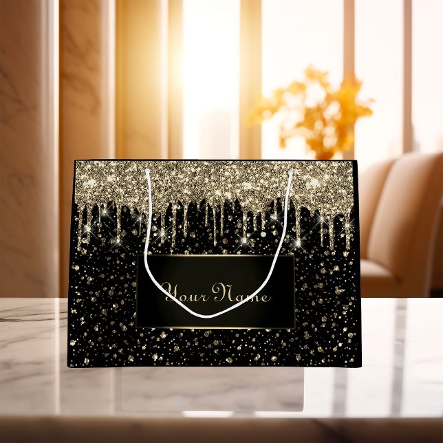 Sacola Para Presentes Grande Nome Dourado Mínimo Preto - Drives de Brilho Lux V (Black Gold Minimal Name Lux VIP Glitter Drips Large Gift Bag)