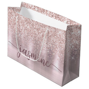 Sacola Para Presentes Grande Nome em Rótulo Monograma com Brilho em Rosa Dourad
