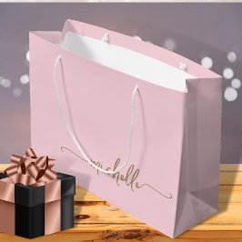 Sacola Para Presentes Grande Nome em Script Monograma Rosa Bege Caligrafia Dour