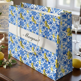 Sacola Para Presentes Grande Nome Monograma Aquarela Azulejo Azul Limão Amarelo