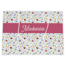Sacola Para Presentes Grande Nome Monograma Aquarela Flor Silvestre Rosa Azul