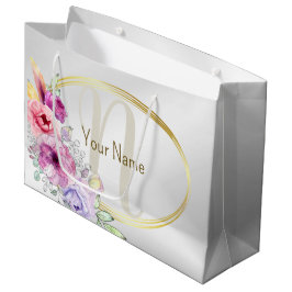Sacola Para Presentes Grande Nome Monograma Colorido Quadro Floral Rosa Dourado