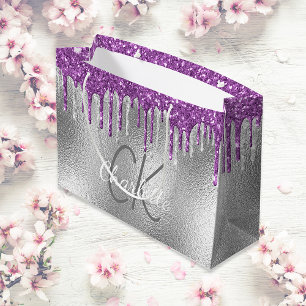 Sacola Para Presentes Grande Nome monograma prateado moderno elegante roxo