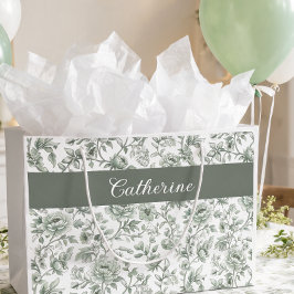 Sacola Para Presentes Grande Nome Monograma Toile Vintage Floral Verde Salvia