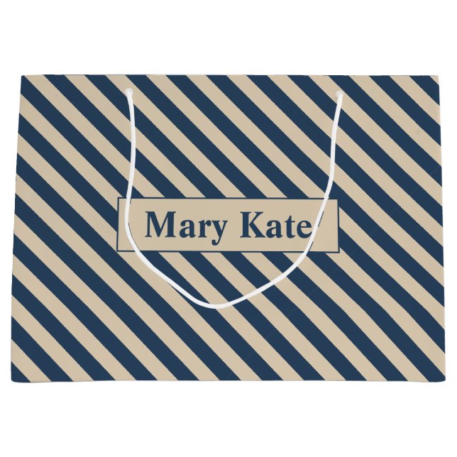 Sacola Para Presentes Grande Nome personalizado Blue/Vanilla Stripes (Frente)