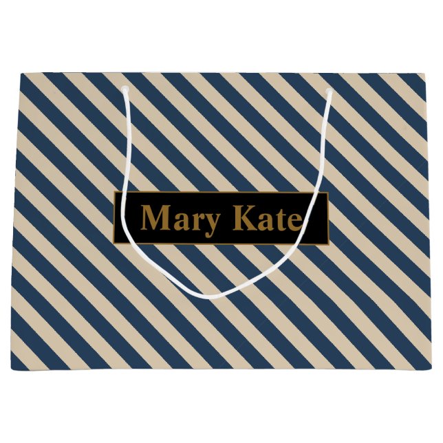 Sacola Para Presentes Grande Nome personalizado Blue/Vanilla Stripes (Frente)