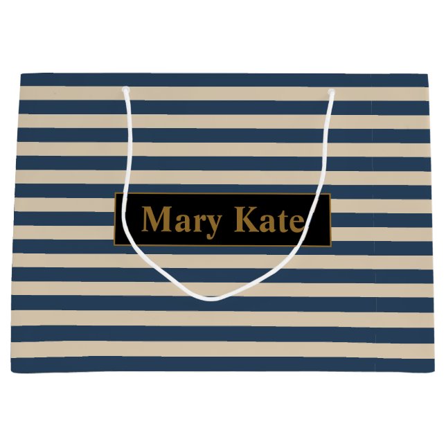 Sacola Para Presentes Grande Nome personalizado Blue/Vanilla Stripes (Frente)