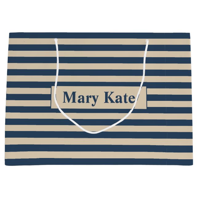 Sacola Para Presentes Grande Nome personalizado Blue/Vanilla Stripes (Frente)