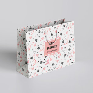 Sacola Para Presentes Grande Nome Personalizado Corações Preto Rosa Simples Dia