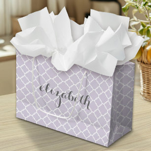 Sacola Para Presentes Grande Nome Personalizado do Padrão de Quatrefoil de Cinz