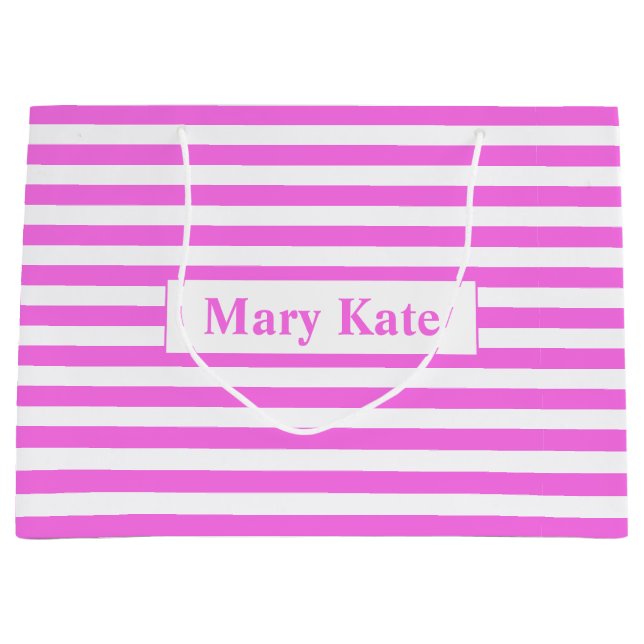 Sacola Para Presentes Grande Nome Personalizado - Listras Rosa/Brancas (Frente)