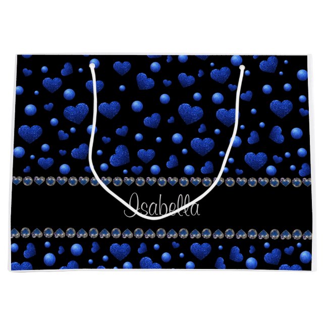 Sacola Para Presentes Grande Nome personalizado, padrão de brilho cardíaco azul (Frente)
