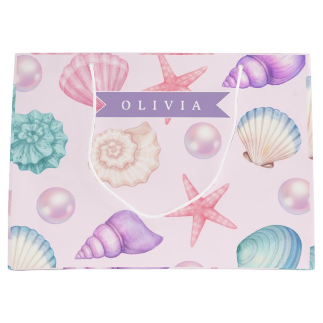 Sacola Para Presentes Grande Nome Personalizado Pastel Costeiro Concha Marinha  (Frente)