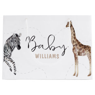 Sacola Para Presentes Grande Nome Personalizado Watercolor Safari Animal Chá de