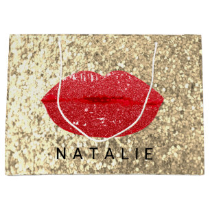 Sacola Para Presentes Grande Nome Red Kiss Lábios Glitter Champagne Dourado Gl