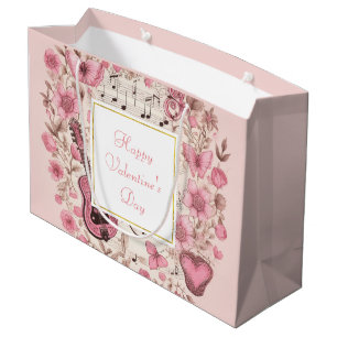 Sacola Para Presentes Grande Notas de Música e Flores Dia de os namorados Elega