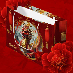 Sacola Para Presentes Grande O Dourado dragão chinês vermelho lhe deseja uma Fe