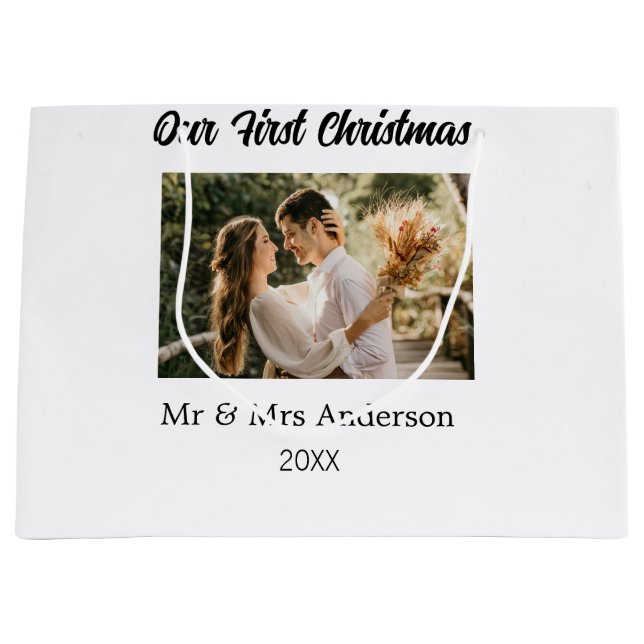 Sacola Para Presentes Grande O nosso primeiro casal de Natal - nome fotográfico (Frente)