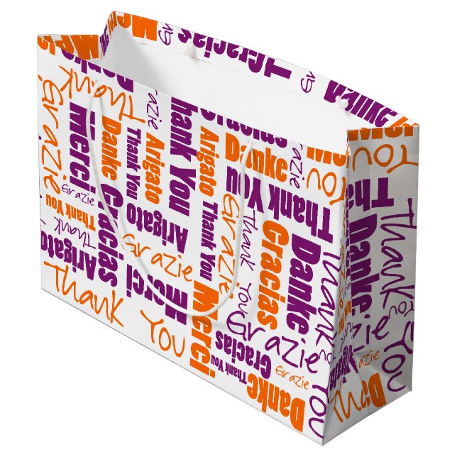 Sacola Para Presentes Grande Obrigado alaranjado roxo multilingue você exprime (Verso inclinado)