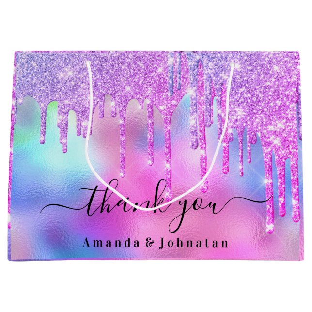 Sacola Para Presentes Grande Obrigado Bridal Sweet16th Glitter Holograph Drips (Frente)