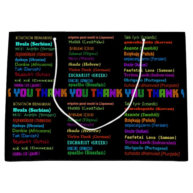 Sacola Para Presentes Grande Obrigado em 30 idiomas Apreciação (Frente)