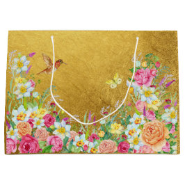Sacola Para Presentes Grande Opulence Gold Floral Hummingbird Gift Bag