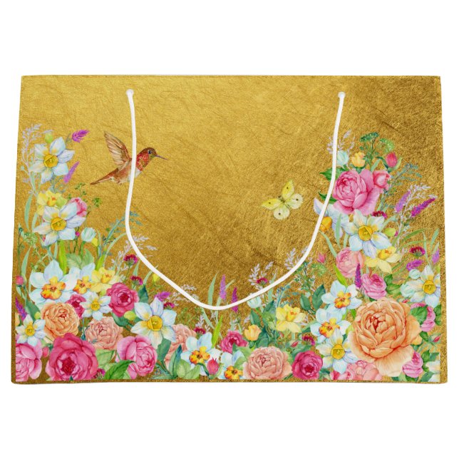Sacola Para Presentes Grande Opulence Gold Floral Hummingbird Gift Bag (Frente)