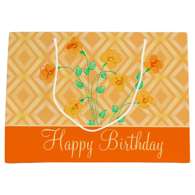 Sacola Para Presentes Grande Orange Flowed Happy Birthday (Frente)