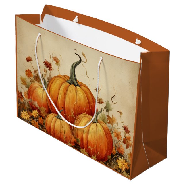 Sacola Para Presentes Grande Orange Pumpkins Rustic Autumn (Verso inclinado)