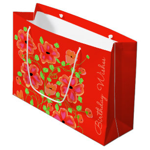 Sacola Para Presentes Grande Orange Red Floral Happy Birthday Gift Bag