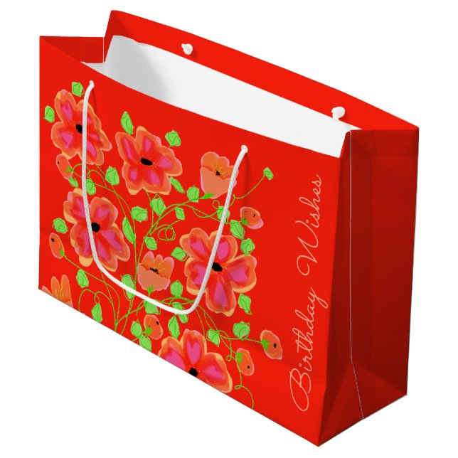 Sacola Para Presentes Grande Orange Red Floral Happy Birthday Gift Bag (Frente inclinada)