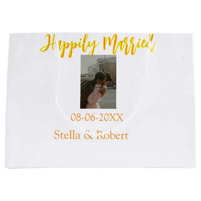Sacola Para Presentes Grande Orange yellow retro photo happily married couple (Frente)