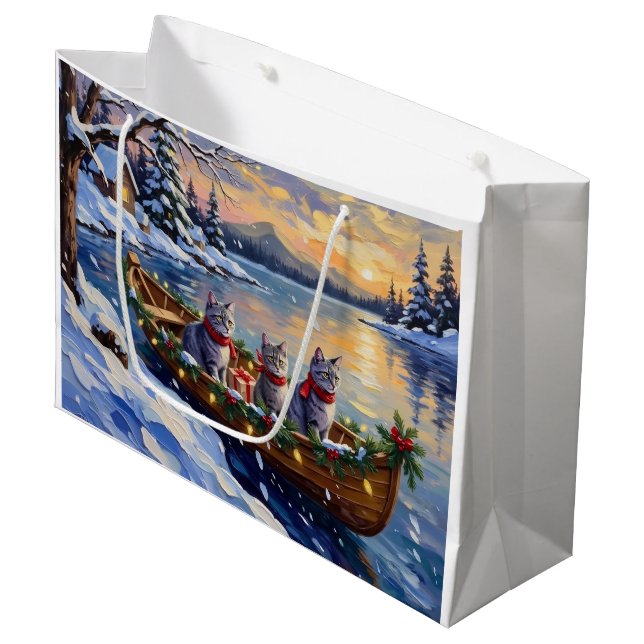 Sacola Para Presentes Grande Oriental Blue Cat Christmas Boat Holiday (Frente inclinada)