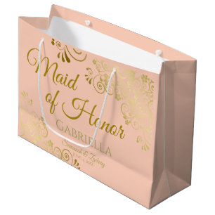 Sacola Para Presentes Grande Ornamentado Coral Peach & Dourado Casamento Madrin