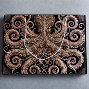Sacola Para Presentes Grande Ornamentado de polvo Kraken Steampunk Dourado e pr