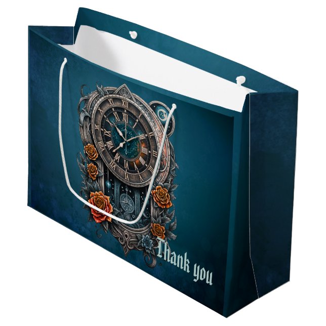 Sacola Para Presentes Grande Ornamentado Steampunk Clock com Rosas. (Frente inclinada)