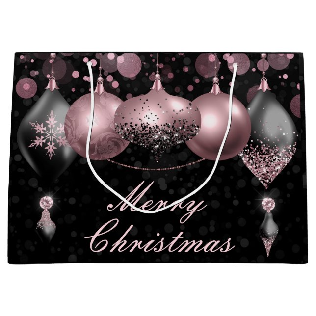 Sacola Para Presentes Grande Ornamentos de Balas de Natal preto e rosado (Frente)