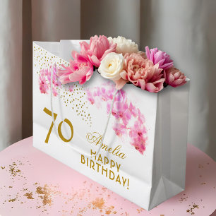 Sacola Para Presentes Grande Orquídea Cor de Água Dourada Glitter Aniversário d