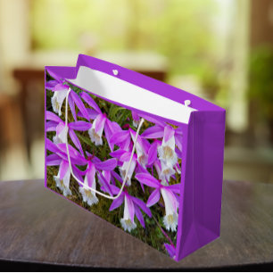 Sacola Para Presentes Grande Orquídeas Pleione Púrpura e Branca Floral