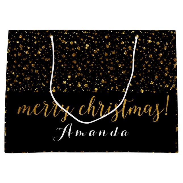 Sacola Para Presentes Grande Ouro Brilhante Preto Branco Feliz Confetto de Nata (Frente)