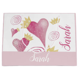 Sacola Para Presentes Grande Ouro Crown Heart Blush Watercolor Monogramado