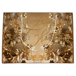 Sacola Para Presentes Grande Ouro elegante flocos de neve Feliz Natal