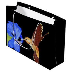 Sacola Para Presentes Grande Ouro Hummingbird e Blue Hibiscus grande
